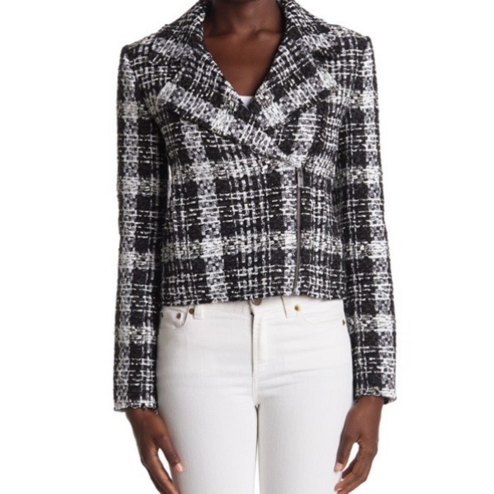 NWT Alice + Olivia Black and Off White Tweed Moto Jacket